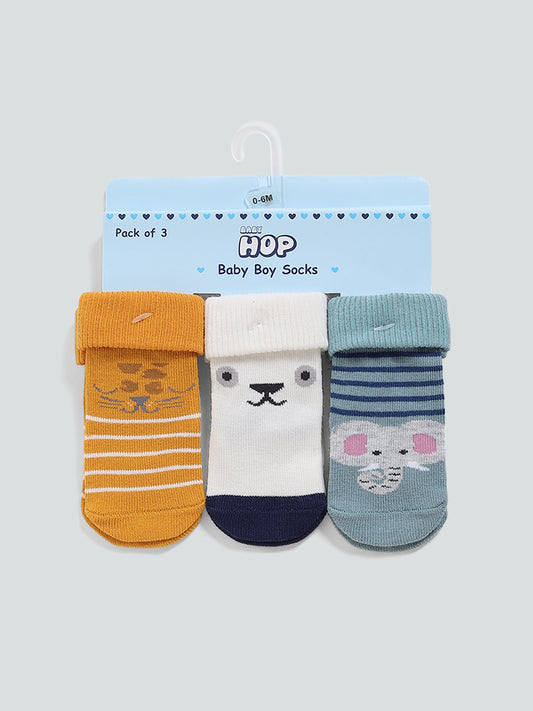 HOP Baby Grey Melange Animal Printed Socks Set- Pack of 3