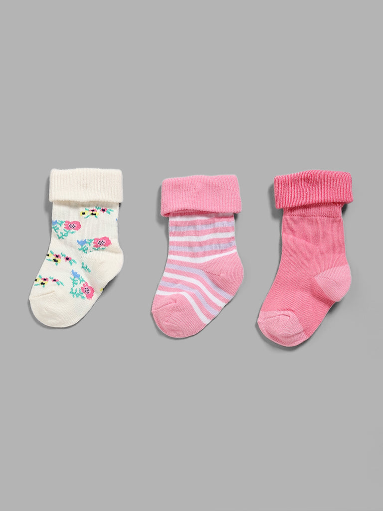 HOP Baby Multicolored Floral & Stripe Print Socks - Pack of 3