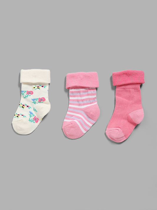 HOP Baby Multicolour Floral & Stripe Print Socks - Pack of 3