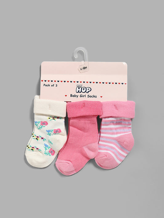 HOP Baby Multicolored Floral & Stripe Print Socks - Pack of 3