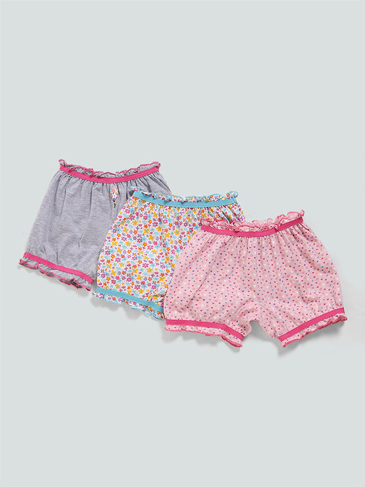 HOP Kids Heart Printed Multicolour Bloomers - Pack of 3