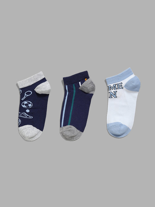 Y&F Kids Blue Patterned Ankle Socks - Set of 3