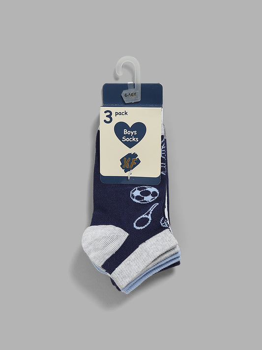 Y&F Kids Blue Patterned Ankle Socks - Set of 3