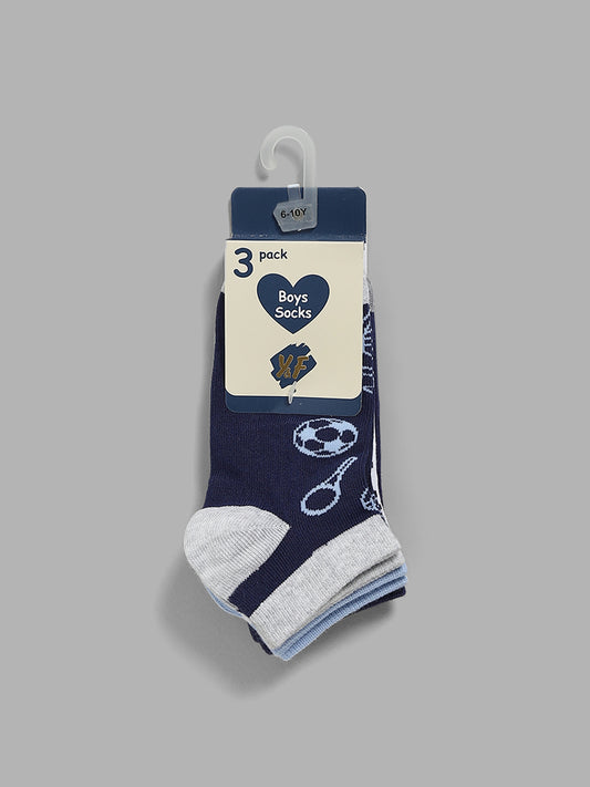 Y&F Kids Blue Patterned Ankle Socks - Set of 3