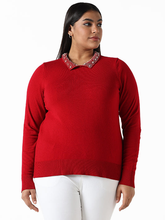 Gia Pearl Neck Detail Red Sweater
