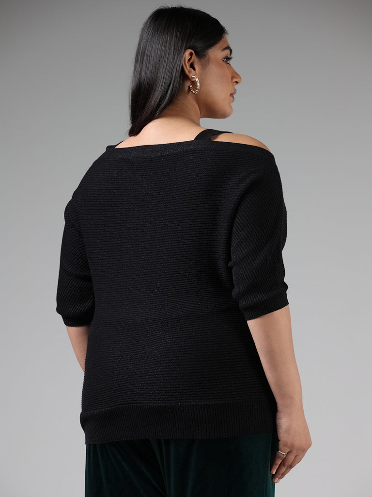 Gia Black Ribbed Off-Shoulder Knitted Top