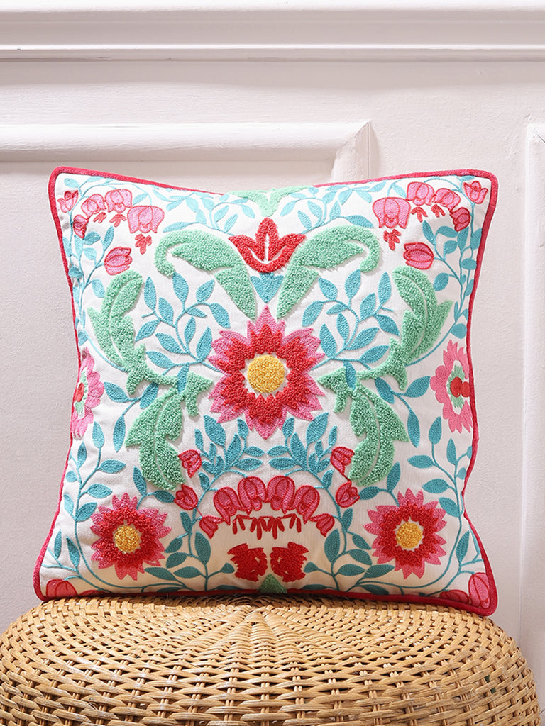 Westside Home Multicolored Lotus Embroidered Cushion Cover