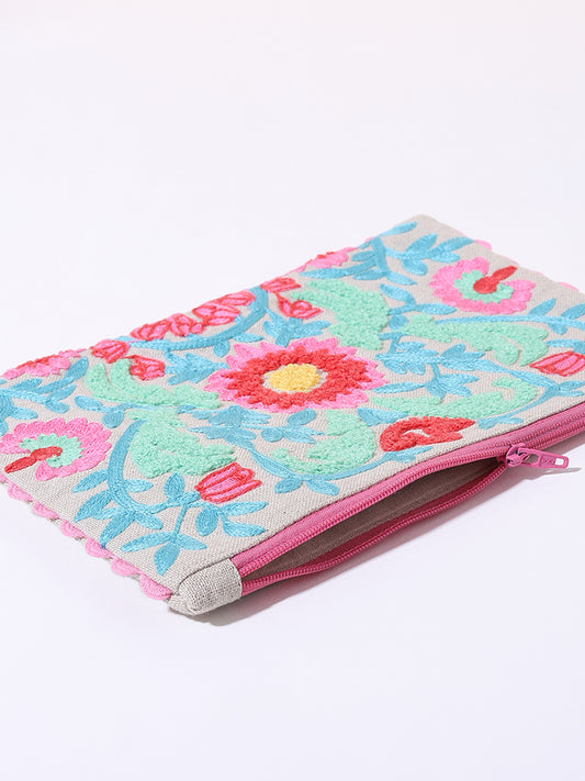 Westside Home Blue & Pink Floral Embroidered Pouch
