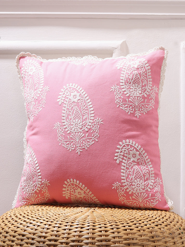 Shop Westside Home White Paisley Embroidered Fuchsia Cushion Cover Online