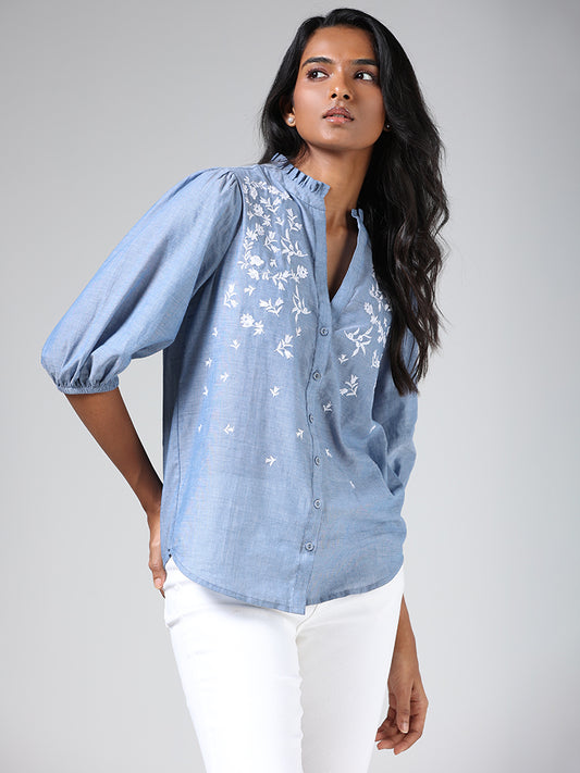 LOV Mid Blue Floral Embroidered Shirt