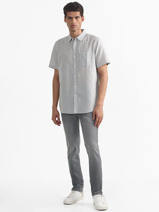 WES Casuals Floral Printed Light Grey Slim-Fit Blended Linen Shirt