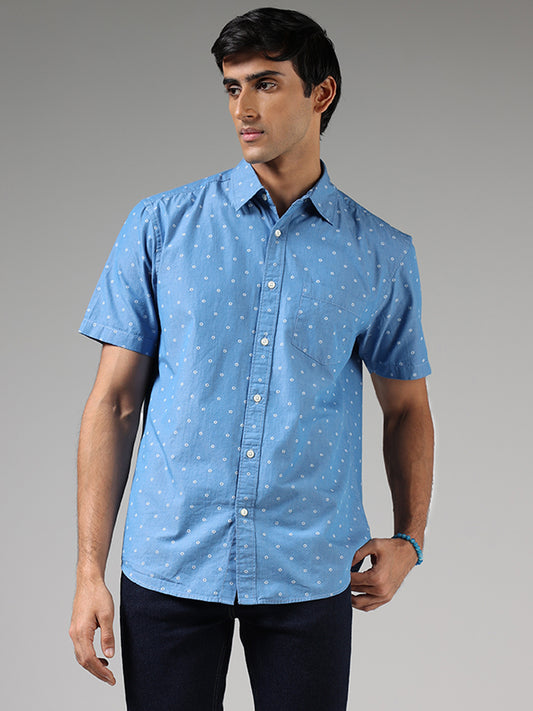 WES Casuals Blue Floral Printed Cotton Relaxed Fit Shirt