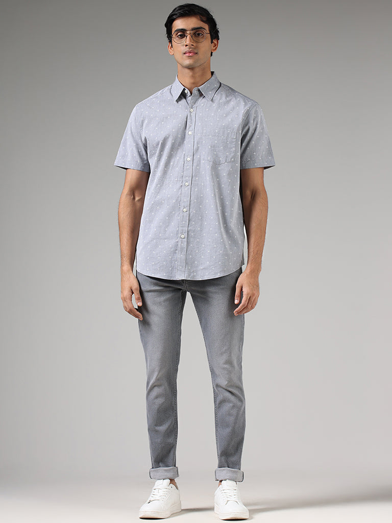 WES Casuals Light Grey Floral Printed Cotton Relaxed Fit Shirt
