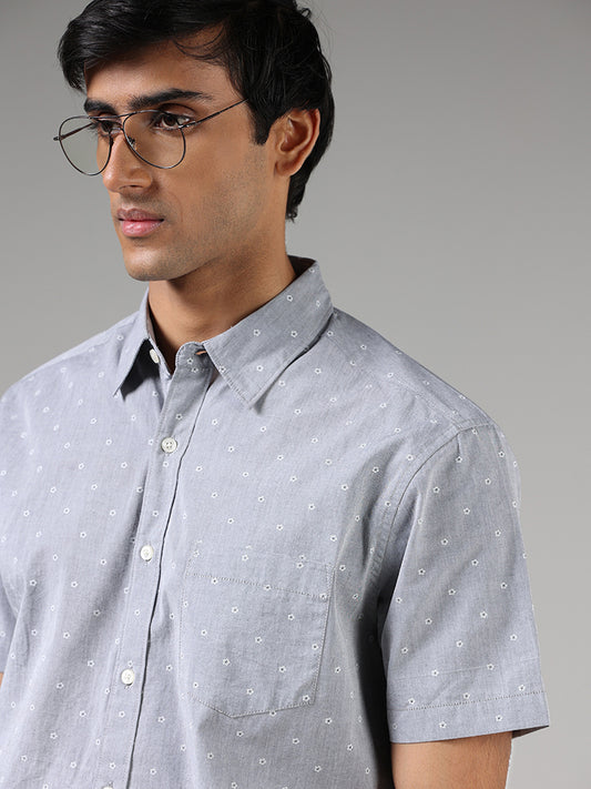 WES Casuals Light Grey Floral Printed Cotton Relaxed Fit Shirt