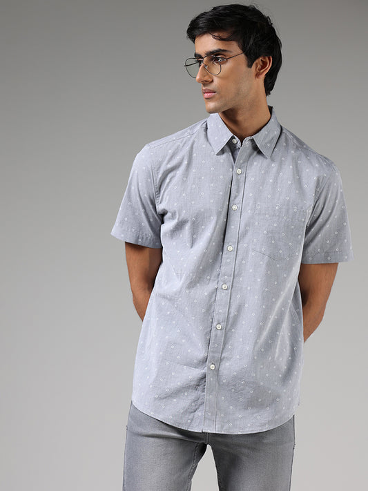 WES Casuals Light Grey Floral Printed Relaxed Fit Shirt