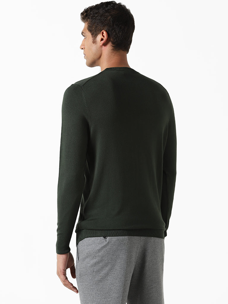 WES Formals Solid Forest Green Ribbed Slim Fit Sweater