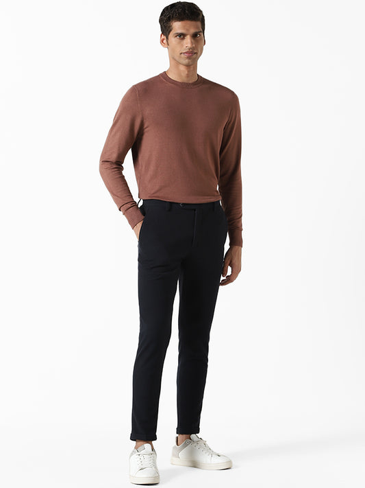WES Formals Solid Brown Ribbed Slim Fit Sweater