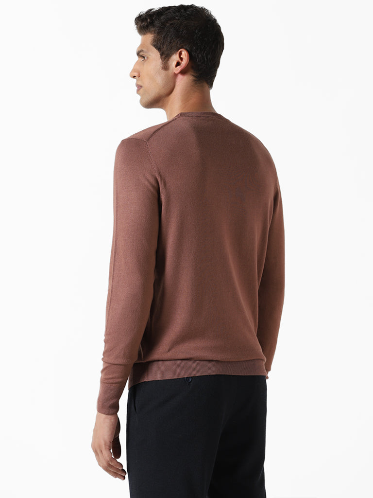 WES Formals Solid Brown Ribbed Slim Fit Sweater