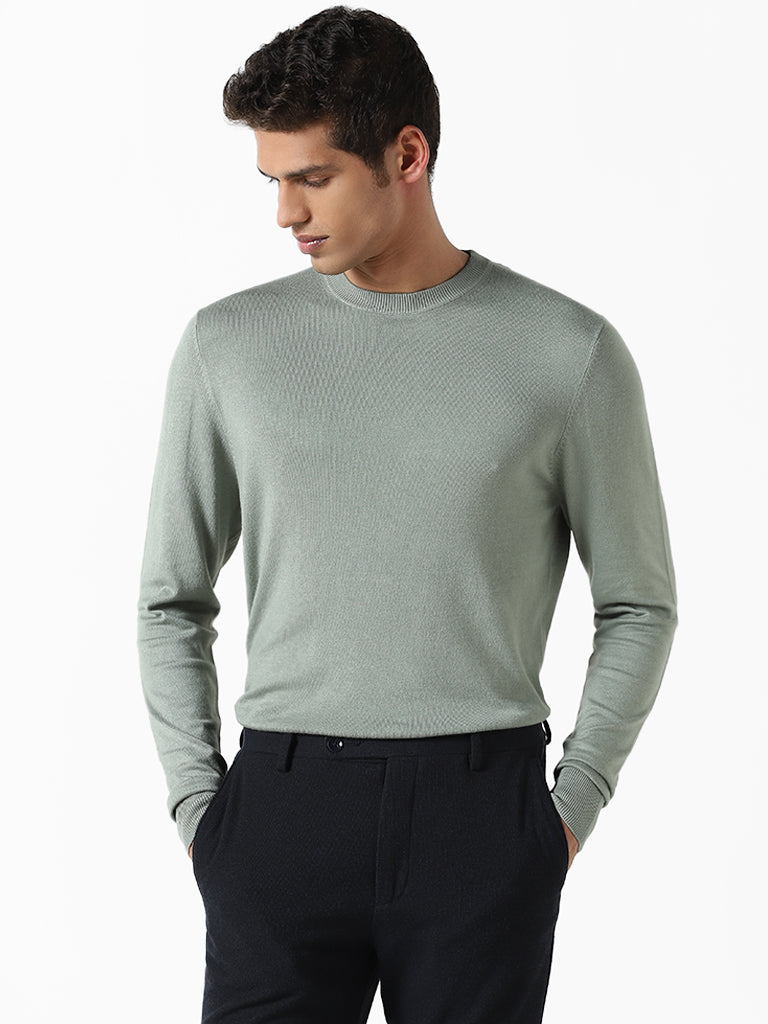 WES Formals Solid Sage Green Ribbed Slim Fit Sweater
