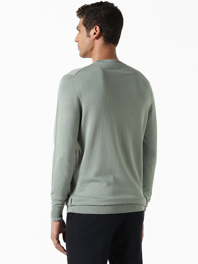 WES Formals Solid Sage Green Ribbed Slim Fit Sweater