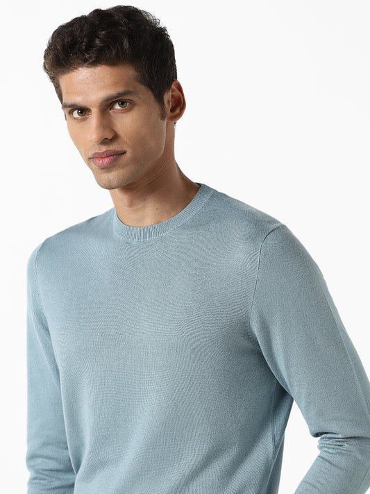 WES Formals Solid Sea Blue Ribbed Sweater