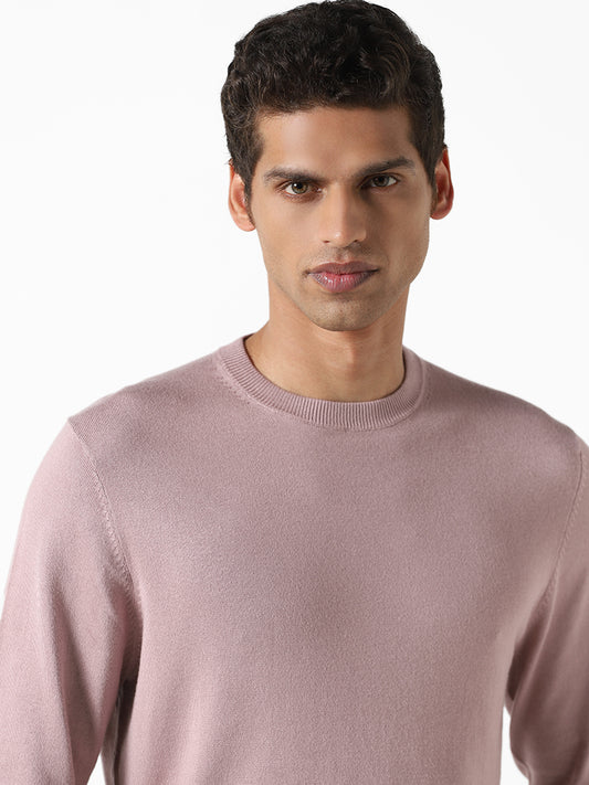 WES Formals Solid Dusty Pink Ribbed Slim Fit Sweater