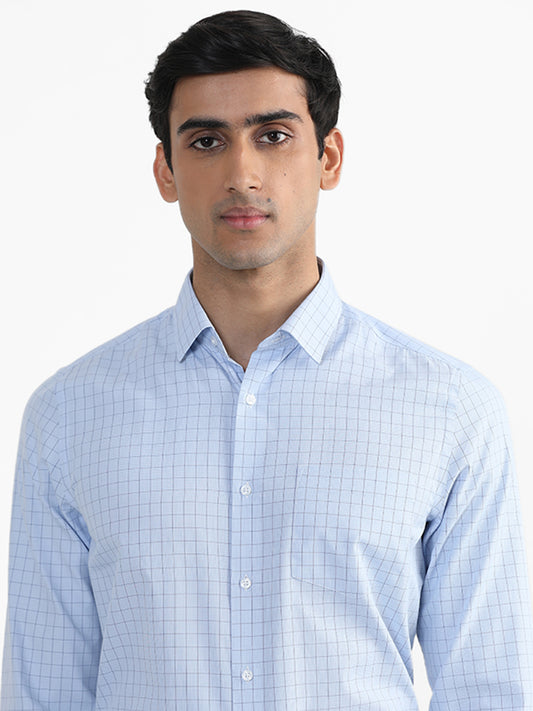 WES Formals Blue Printed Checkered Slim Fit Shirt