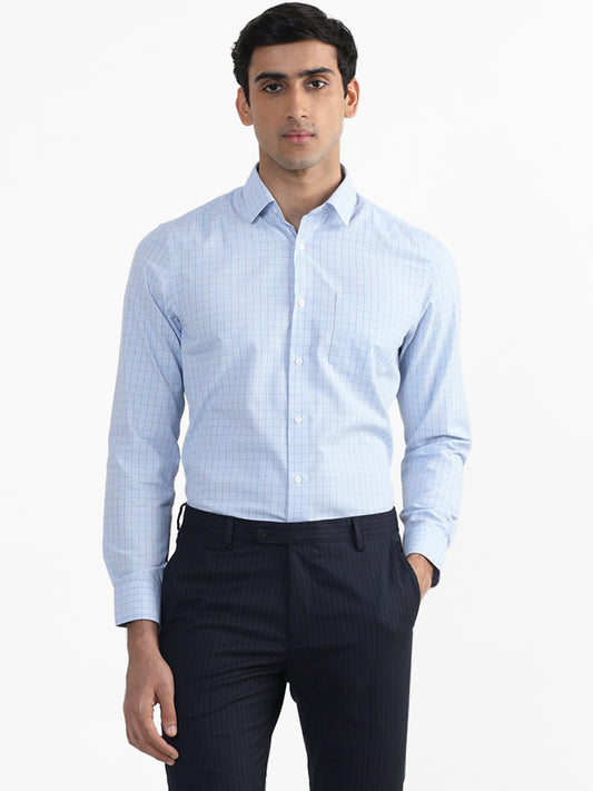 WES Formals Blue Printed Checkered Slim-Fit Shirt