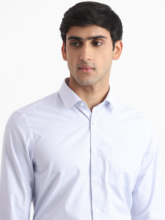 WES Formals White & Blue Striped Slim Fit Shirt