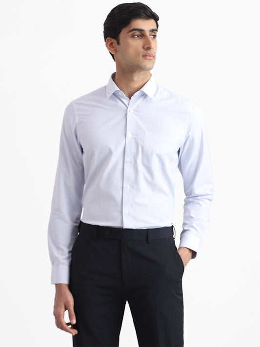 WES Formals White & Blue Striped Slim Fit Shirt