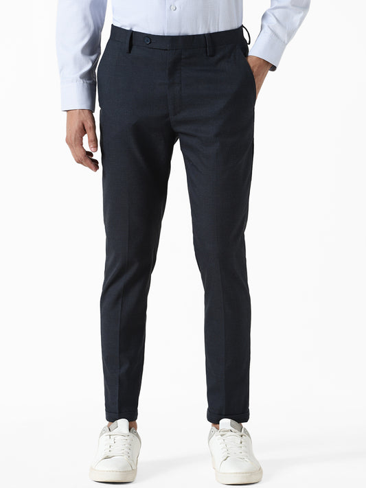 WES Formals Checked Navy Blue Carrot Fit Trousers
