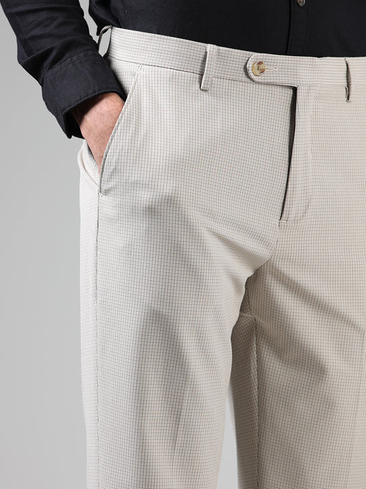 WES Formals Beige Tattersall Checked Slim Tapered Trousers
