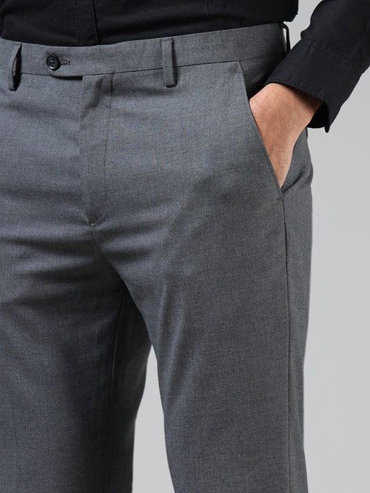 WES Formals Solid Grey Carrot Fit Trousers