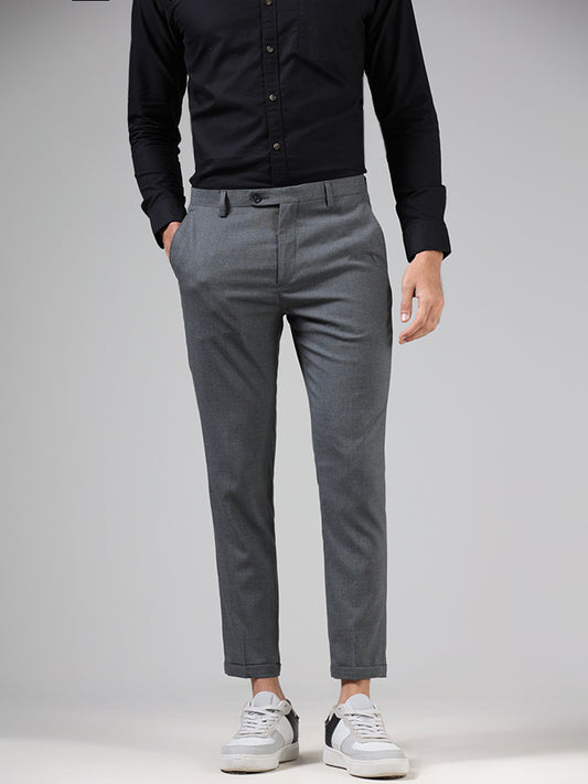 WES Formals Solid Grey Carrot Fit Trousers