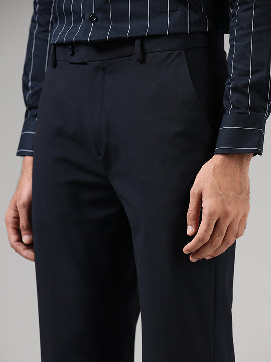 WES Formals Solid Navy Slim Fit Trousers