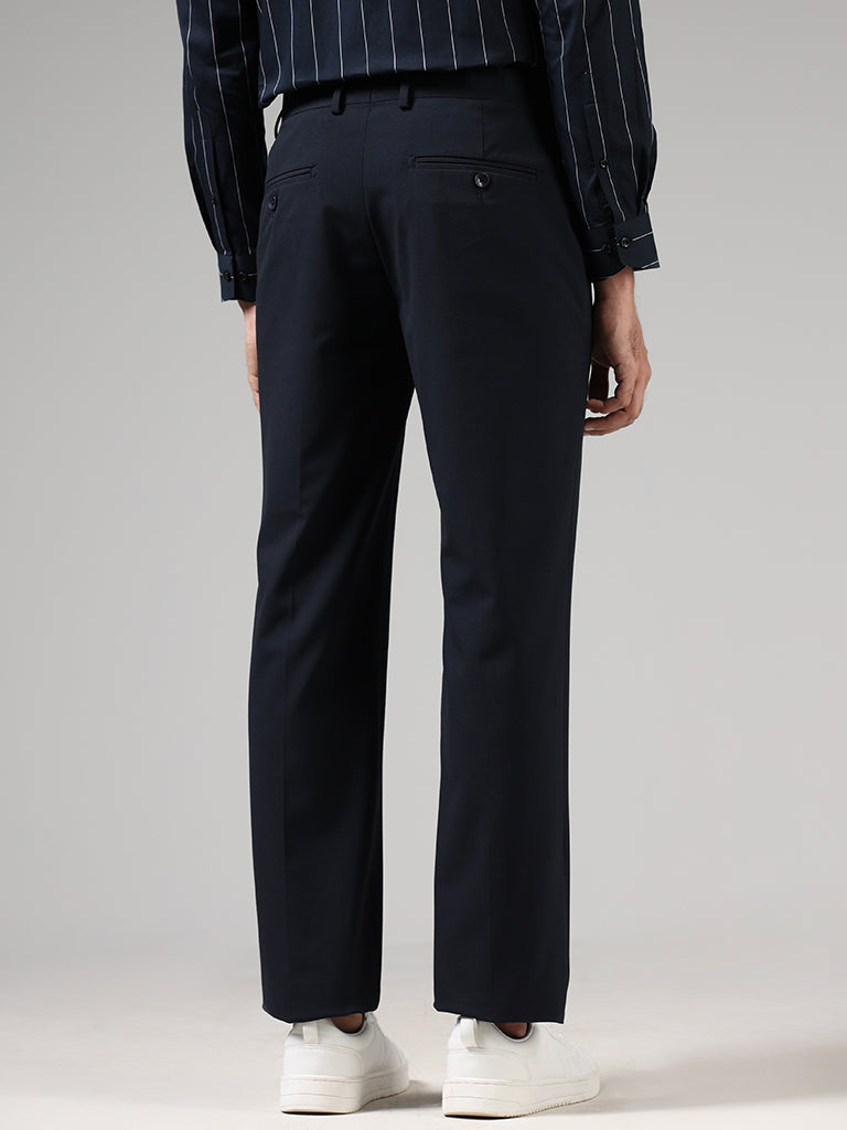 WES Formals Solid Navy Slim Fit Trousers