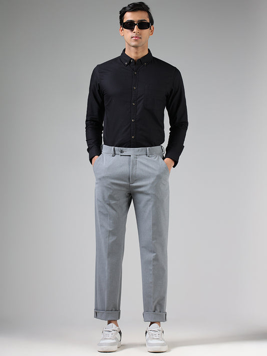 WES Formals Solid Light Grey Slim-Fit Mid-Rise Trousers