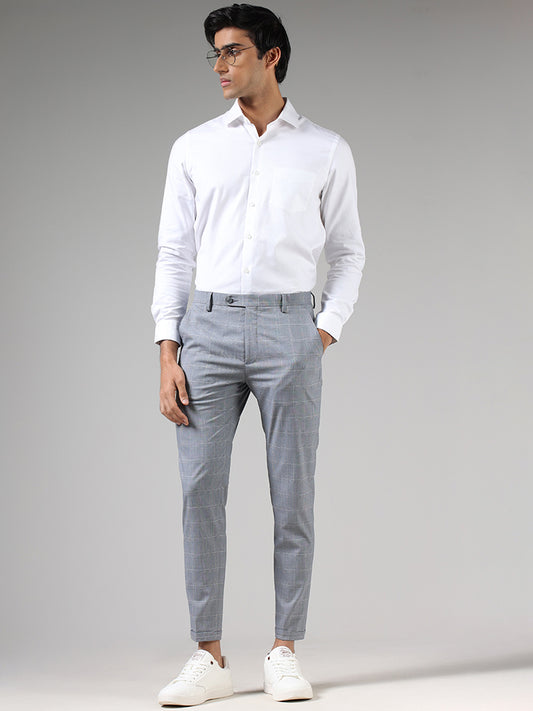WES Formals Grey Glen Plaid Checked Slim-Fit Mid-Rise Trousers