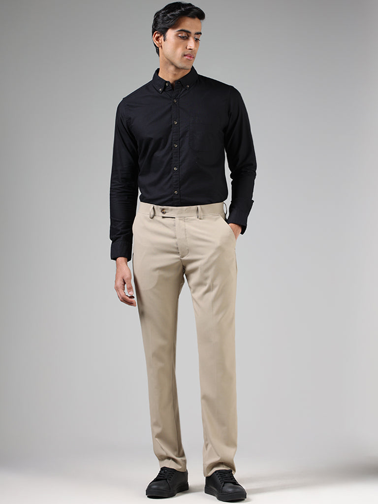 WES Formals Solid Light Khaki Relaxed Fit Trousers