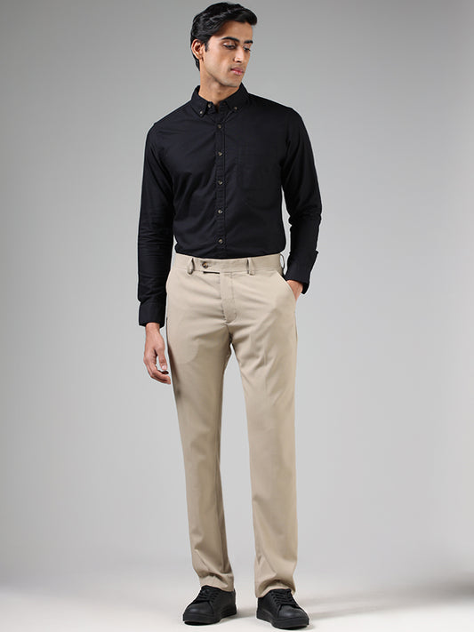 WES Formals Solid Light Khaki Relaxed-Fit Mid-Rise Trousers