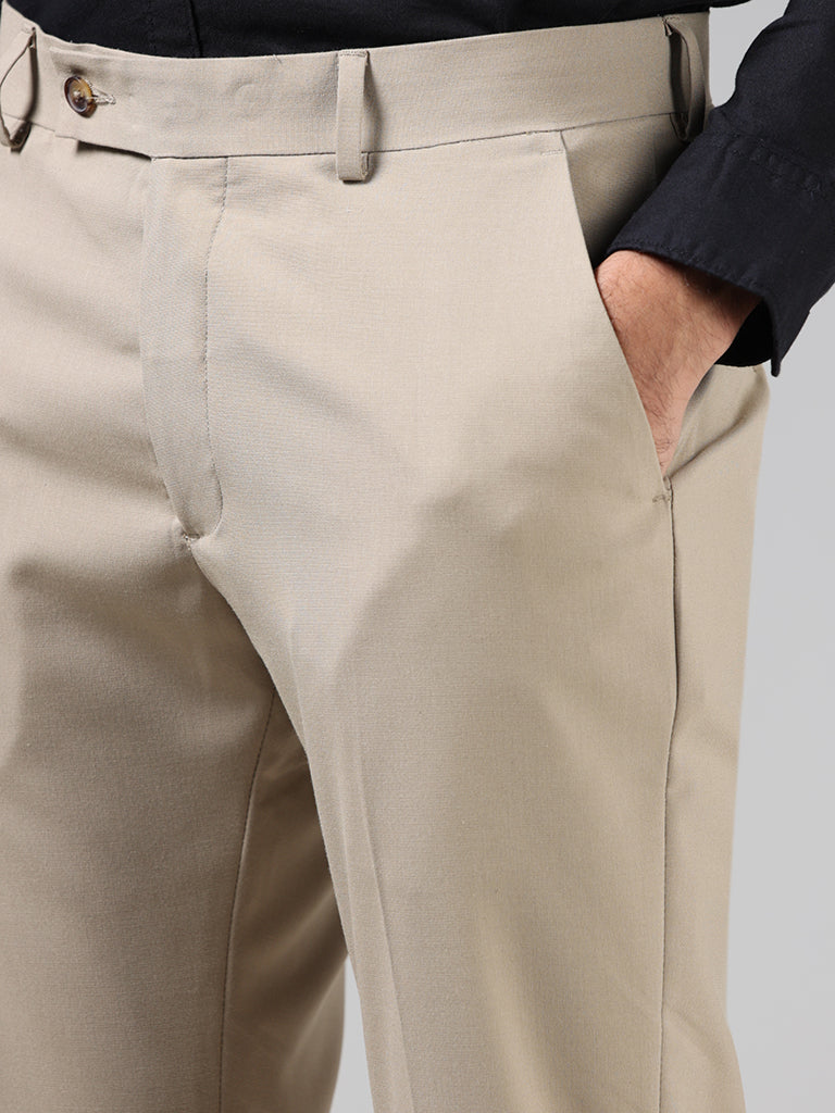 WES Formals Solid Light Khaki Relaxed Fit Trousers