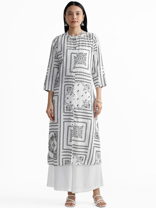 Utsa Fix Square Block Print White Kurta
