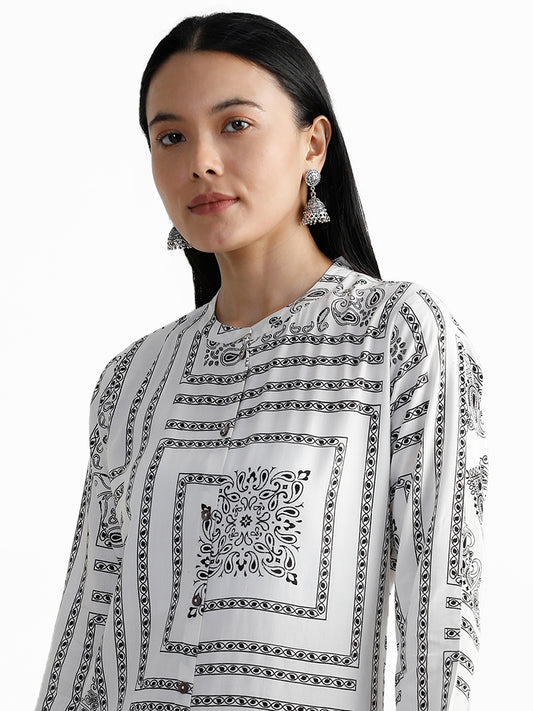 Utsa Fix Square Block Print White Kurta