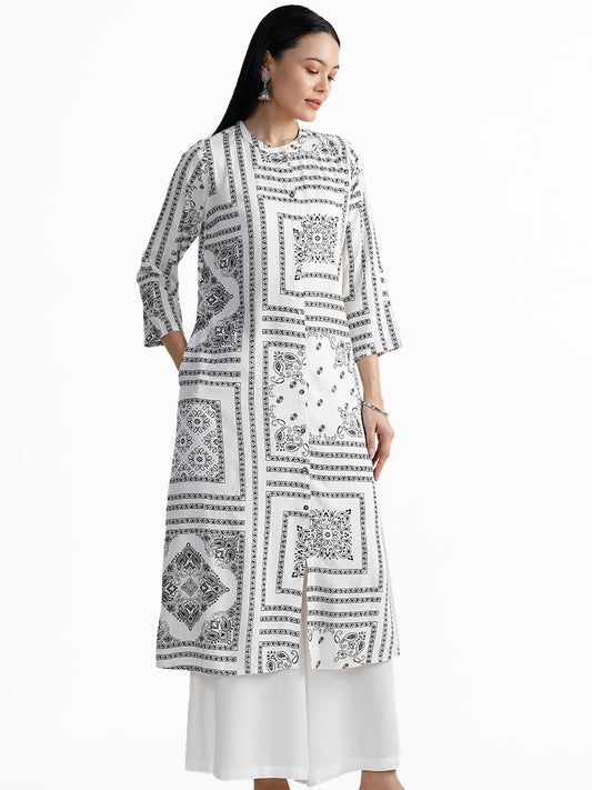 Utsa Fix Square Block Print White Kurta