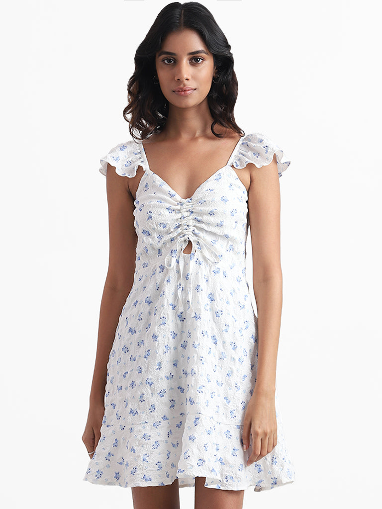 Nuon White Floral Printed Cutout Ruched Yoke Dress