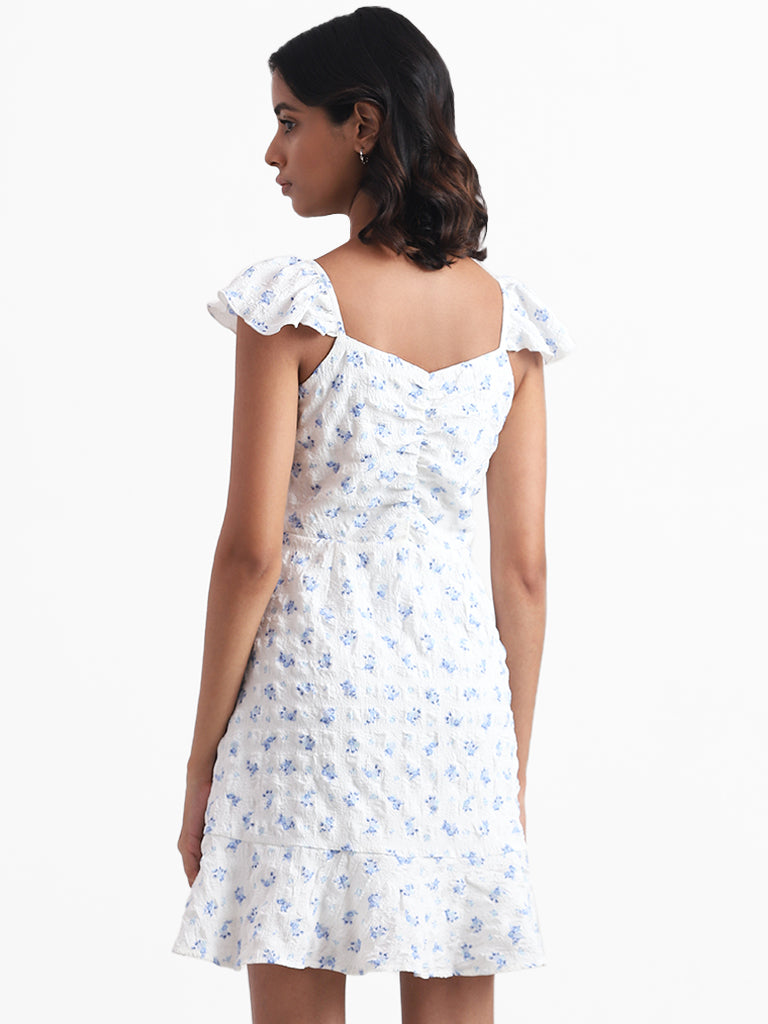 Nuon White Floral Printed Cutout Ruched Yoke Dress