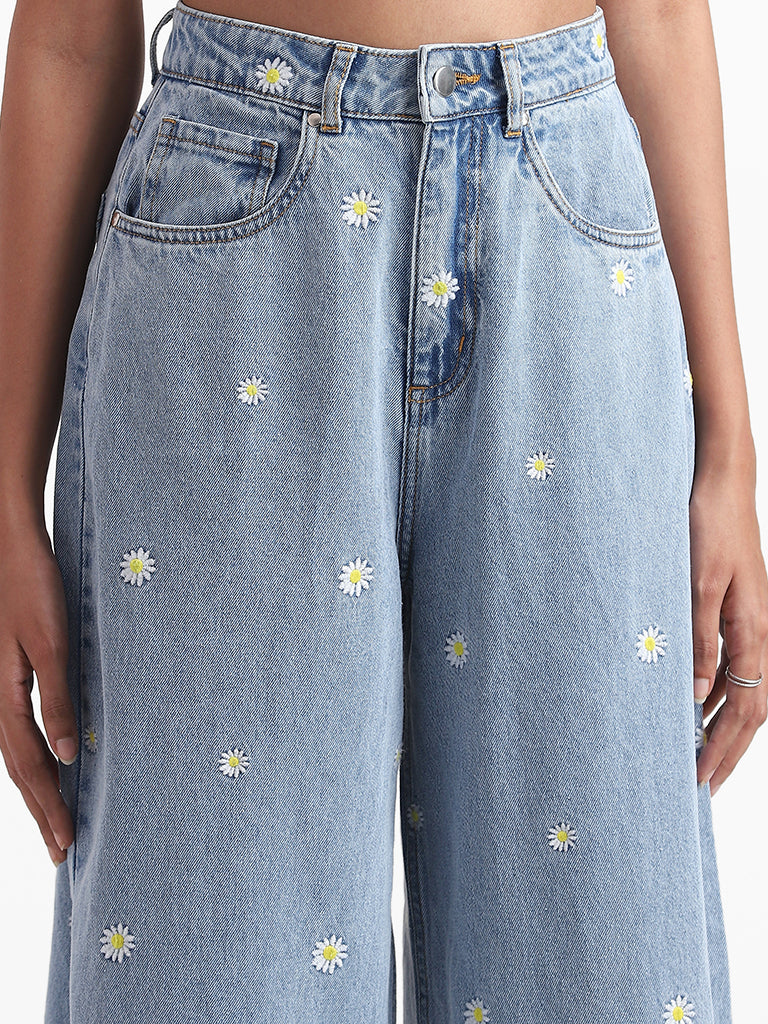 Nuon Mid Blue Floral Embroidered High Rise Relaxed Fit Jeans