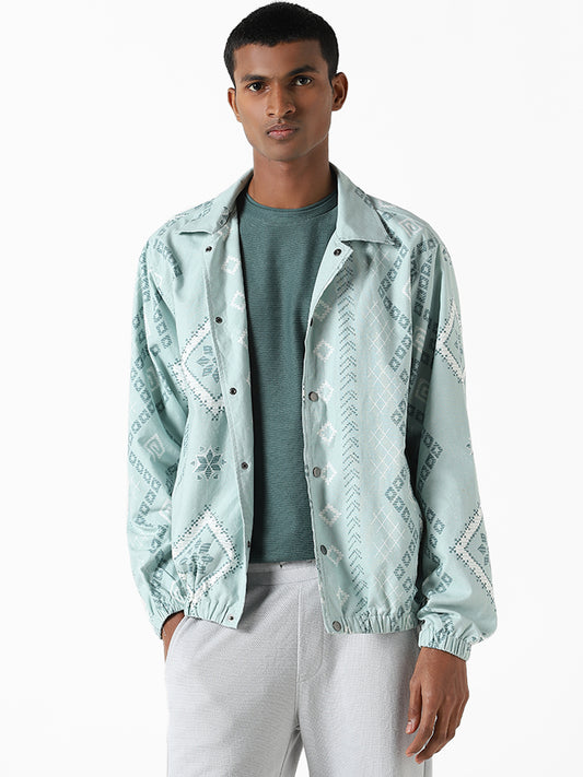 ETA Light Teal Printed Cotton Relaxed-Fit Jacket