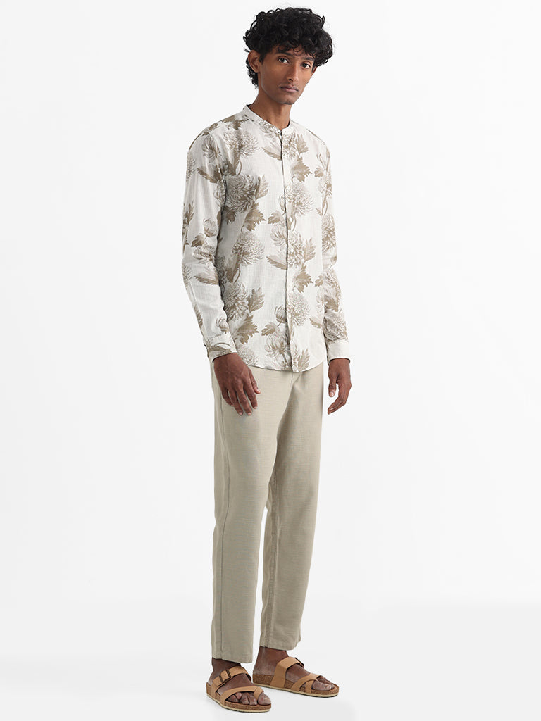 ETA Taupe Printed Floral Cotton Relaxed Fit Shirt