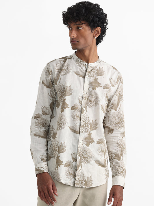 ETA Taupe Printed Floral Cotton Relaxed-Fit Shirt